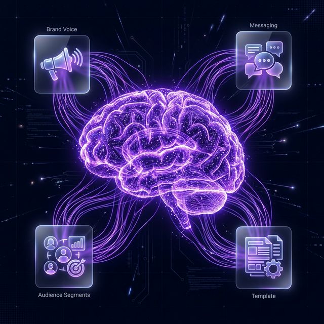 Brand Brain — AI-powered brand intelligence system with neural pathways connecting voice, messaging, audience segments and templates