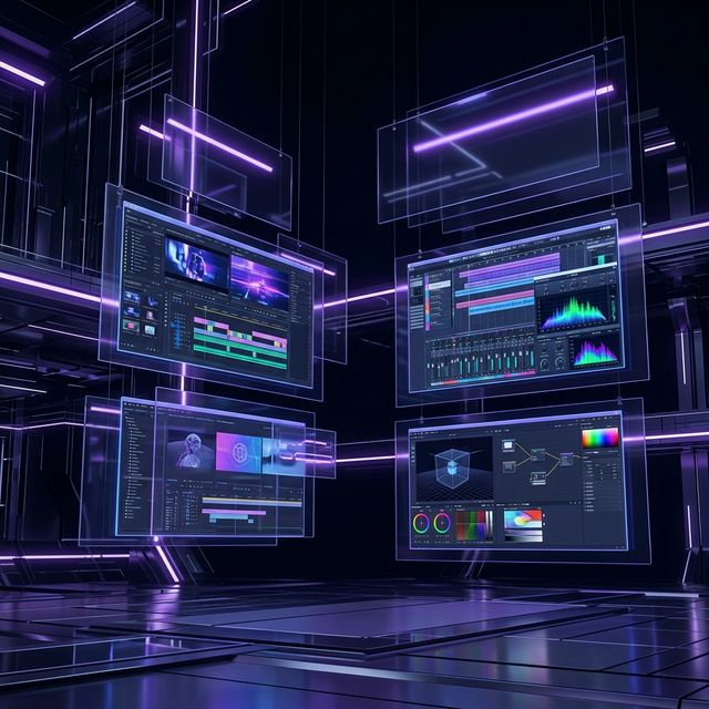 AI creative production studio — floating holographic screens with video editing, music production and visual content creation